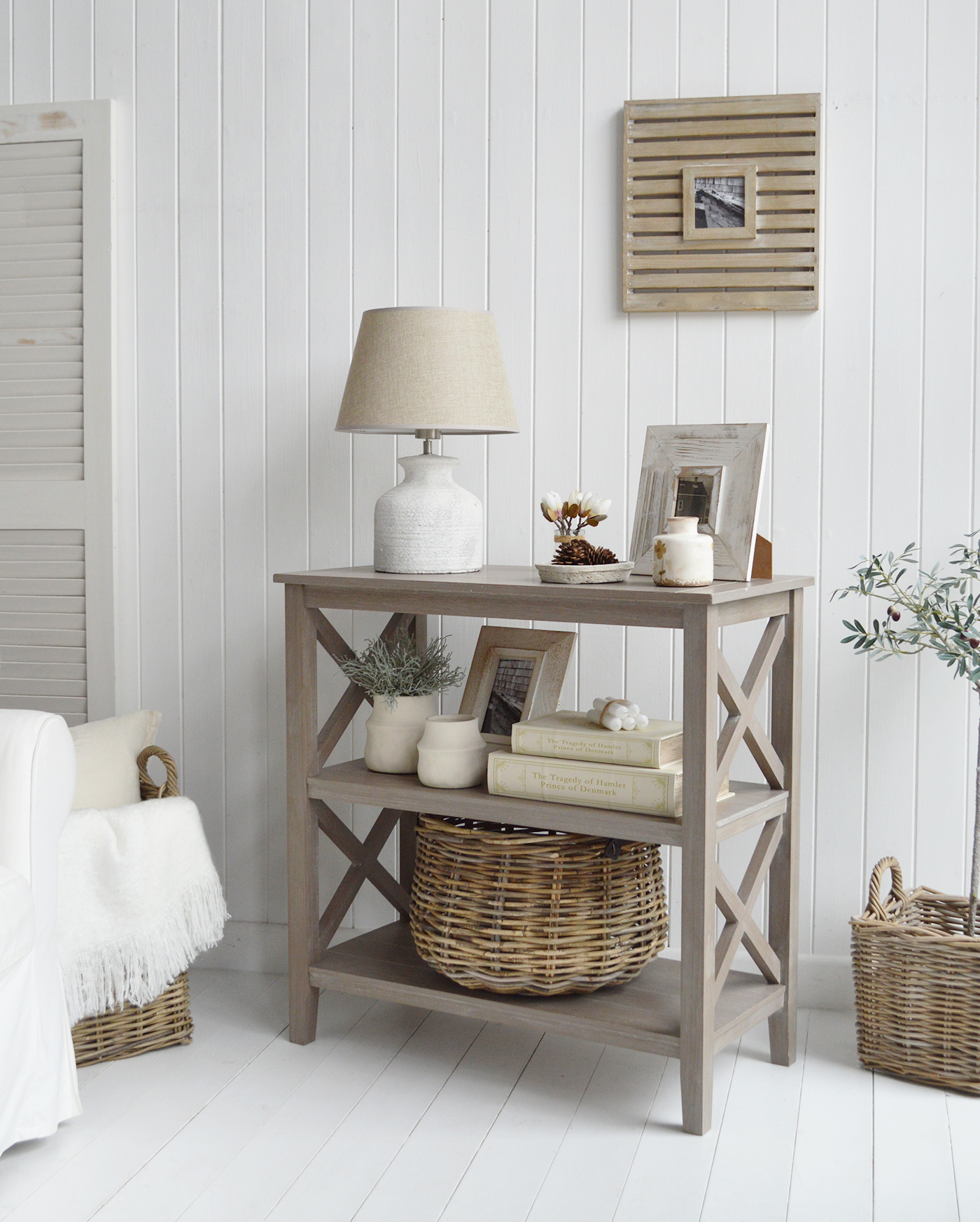 Cambridge console table in driftwood grey 81cm wide with 2 shleves perfectly suited in a beach house style home