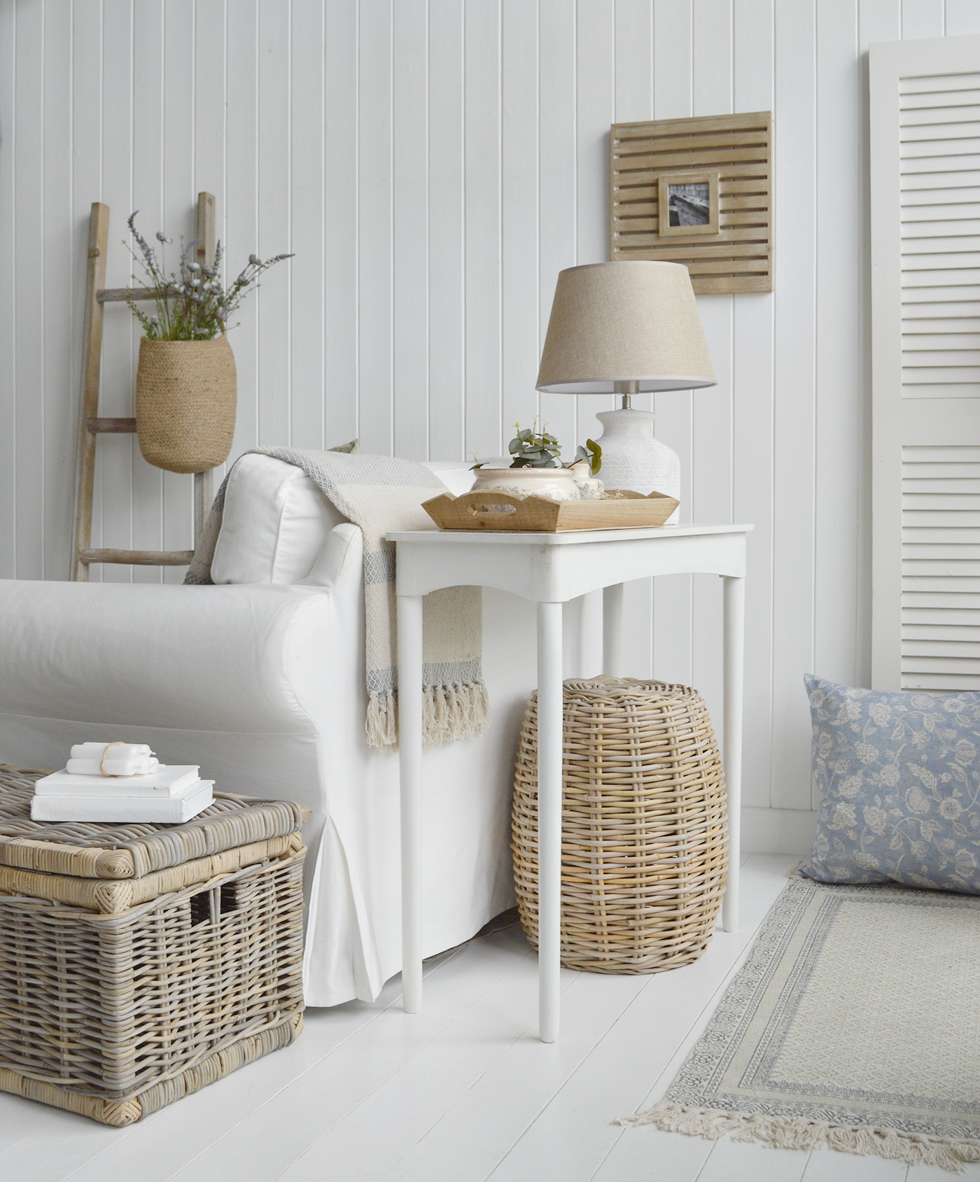 New England living room interior in whites and neutrals