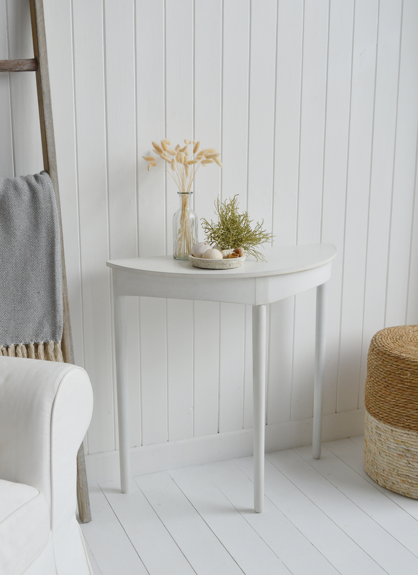 The White Lighthouse Cape Anne furniture in white. A simple white half moon console table. Cape Ann simple white table for console or dressing table for New England white furniture in coastal, modern country and farmhouse homes and interiors