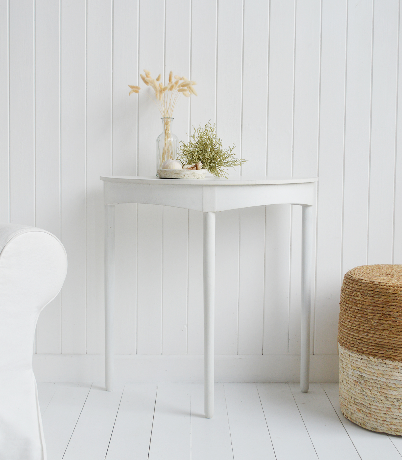 The White Lighthouse Cape Ann furniture in white. A simple white half moon console table. Cape Ann simple white table for console or dressing table for New England white furniture in coastal, modern country and farmhouse homes and interiors