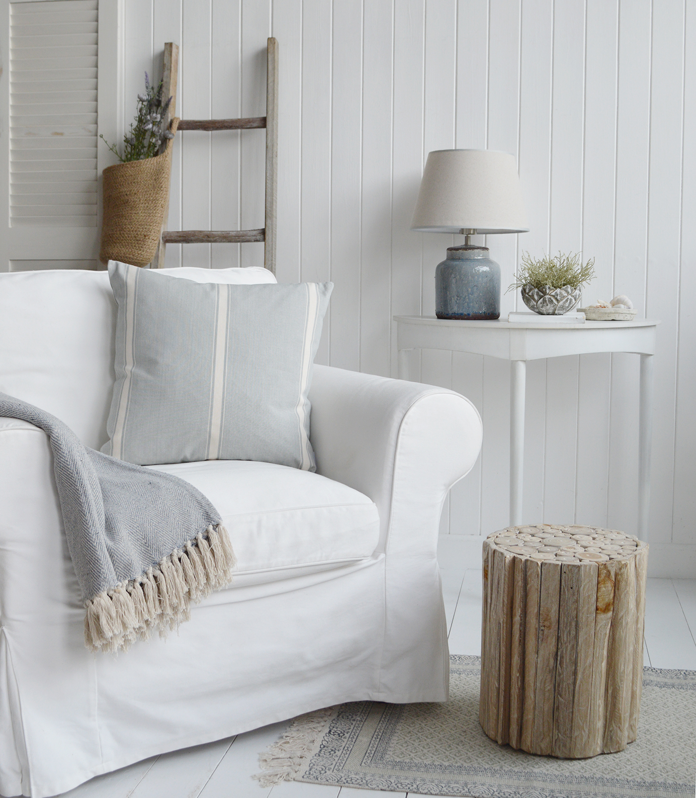 The White Lighthouse Cape Anne furniture in white. A simple white half moon console table. Cape Ann simple white table for console or dressing table for New England white furniture in coastal, modern country and farmhouse homes and interiors