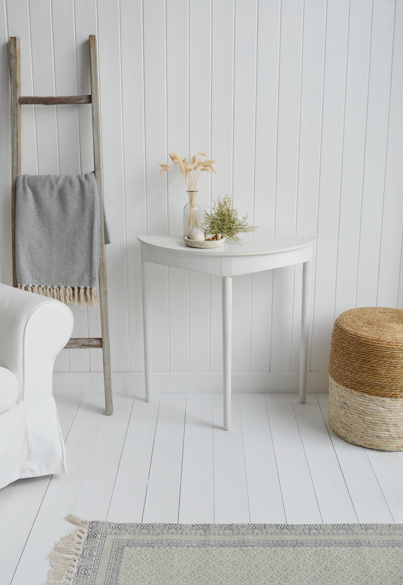 The White Lighthouse Cape Anne furniture in white. A simple white half moon console table. Cape Ann simple white table for console or dressing table for New England white furniture in coastal, modern country and farmhouse homes and interiors