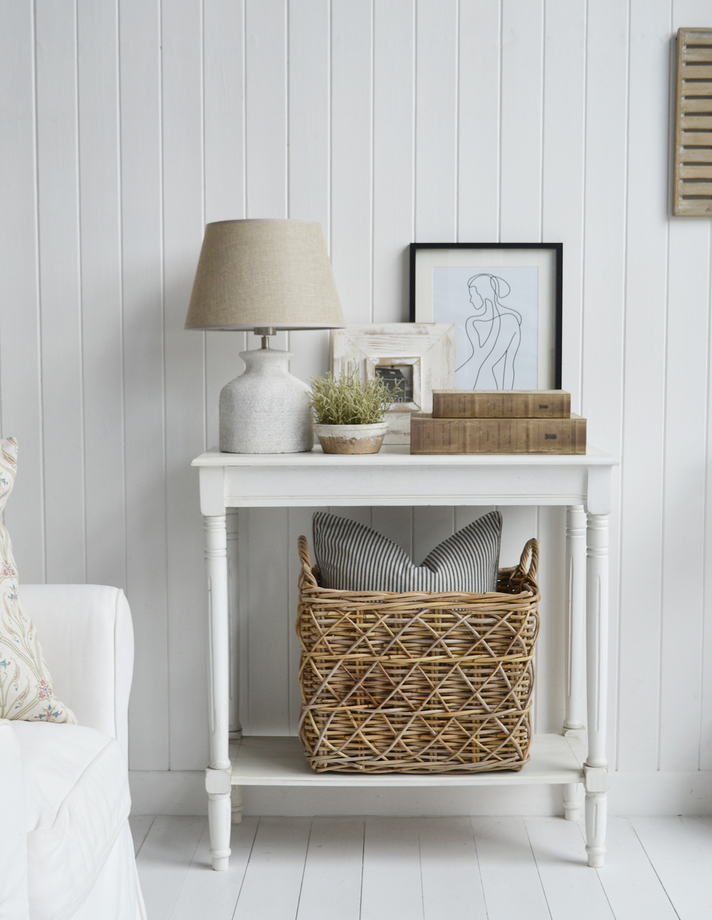 The Cape Ann range of White furniture from The White Lighthouse. A  white console table with a shelf for hallway and living room furniture in New England, coastal, country and city homes