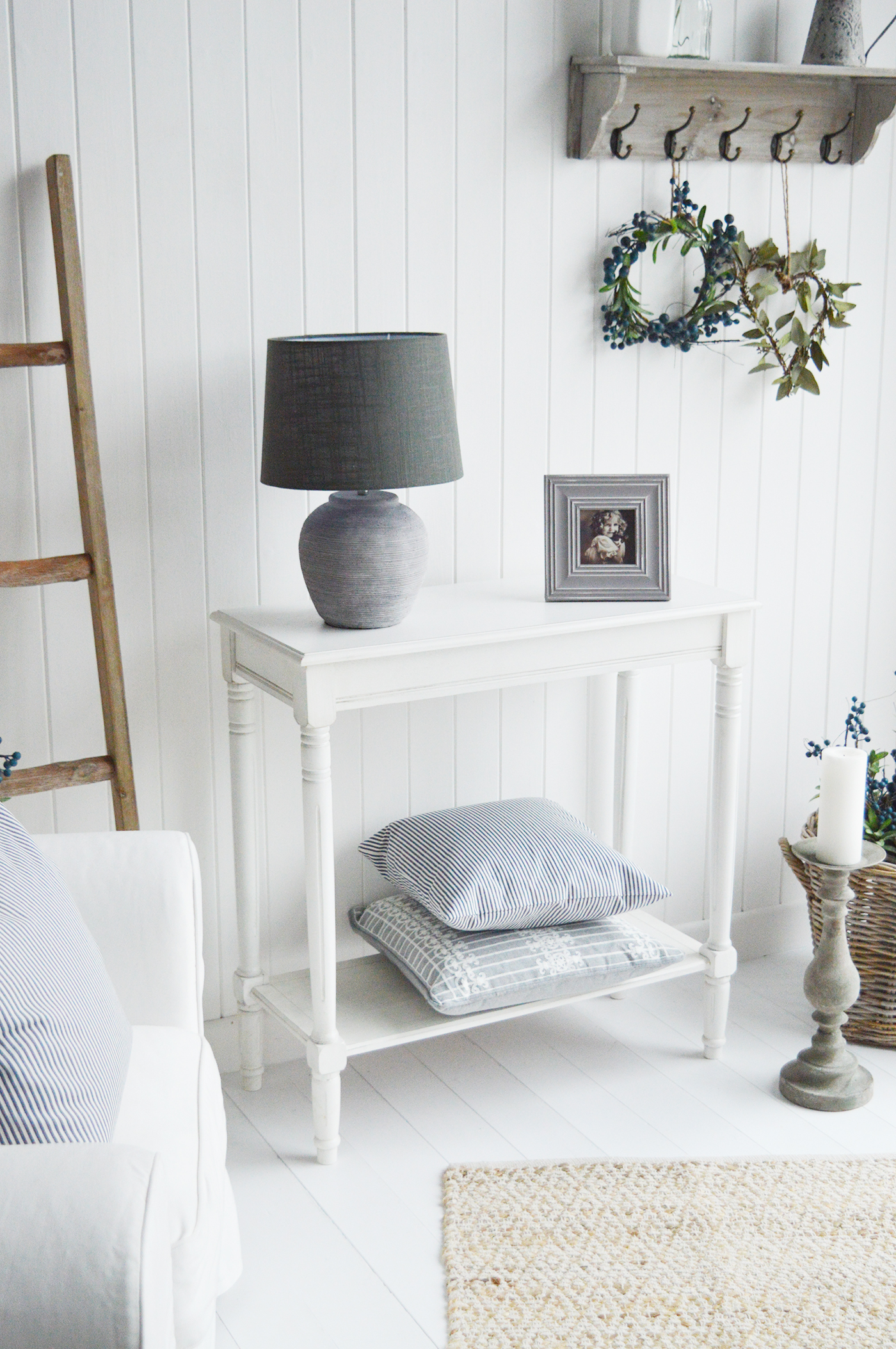 The White Lighthouse Cape Anee furniture in white. A console table with shelf. Hallway furniture and hall table. Ideal for hall or living room. New England style interiors. Coastal and country furniture
