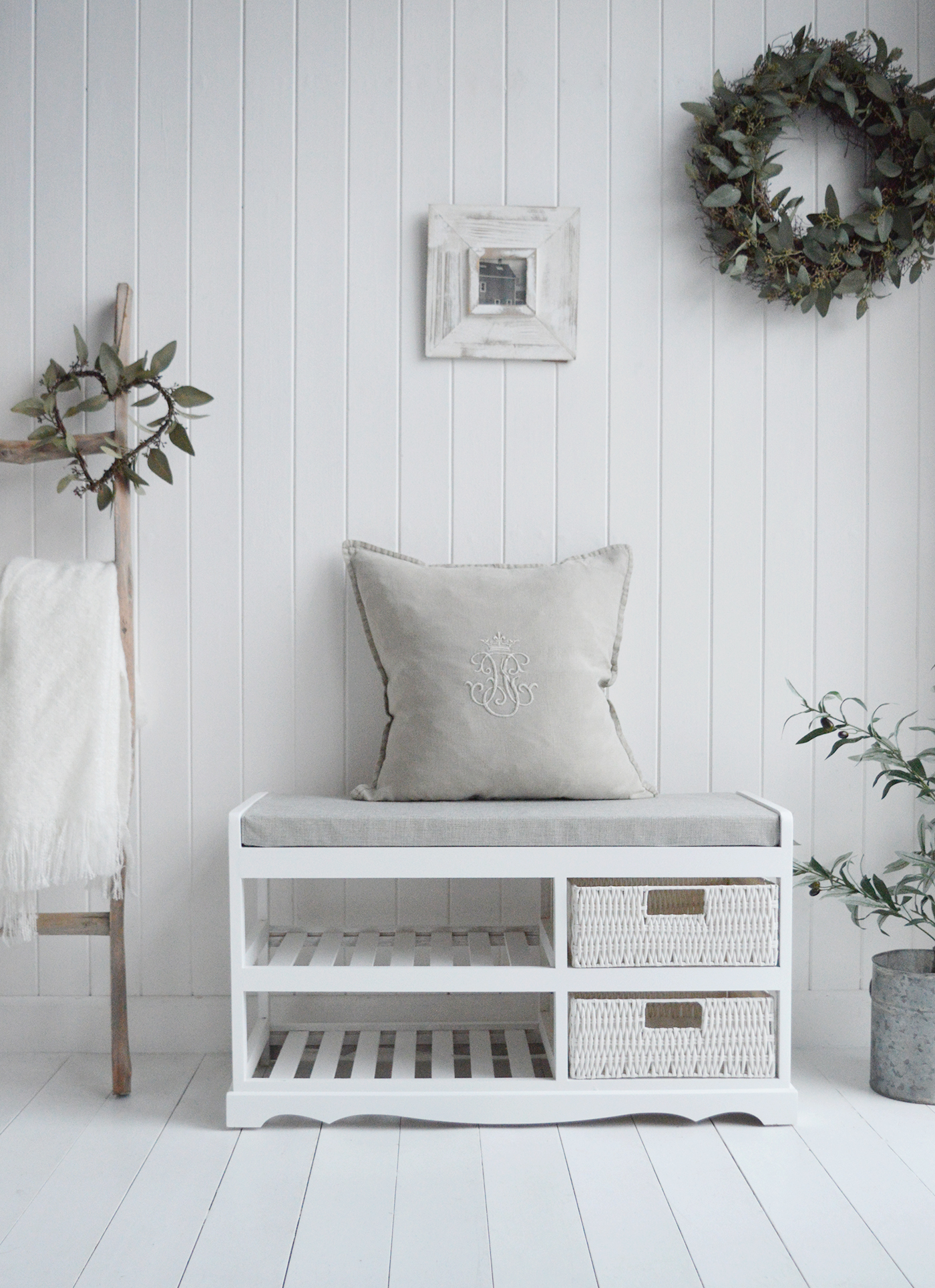 Cape Cod white hall shoe bench with two shelves, cushion and two lined baskets- New England Modern Farmhouse and Coastal Furniture