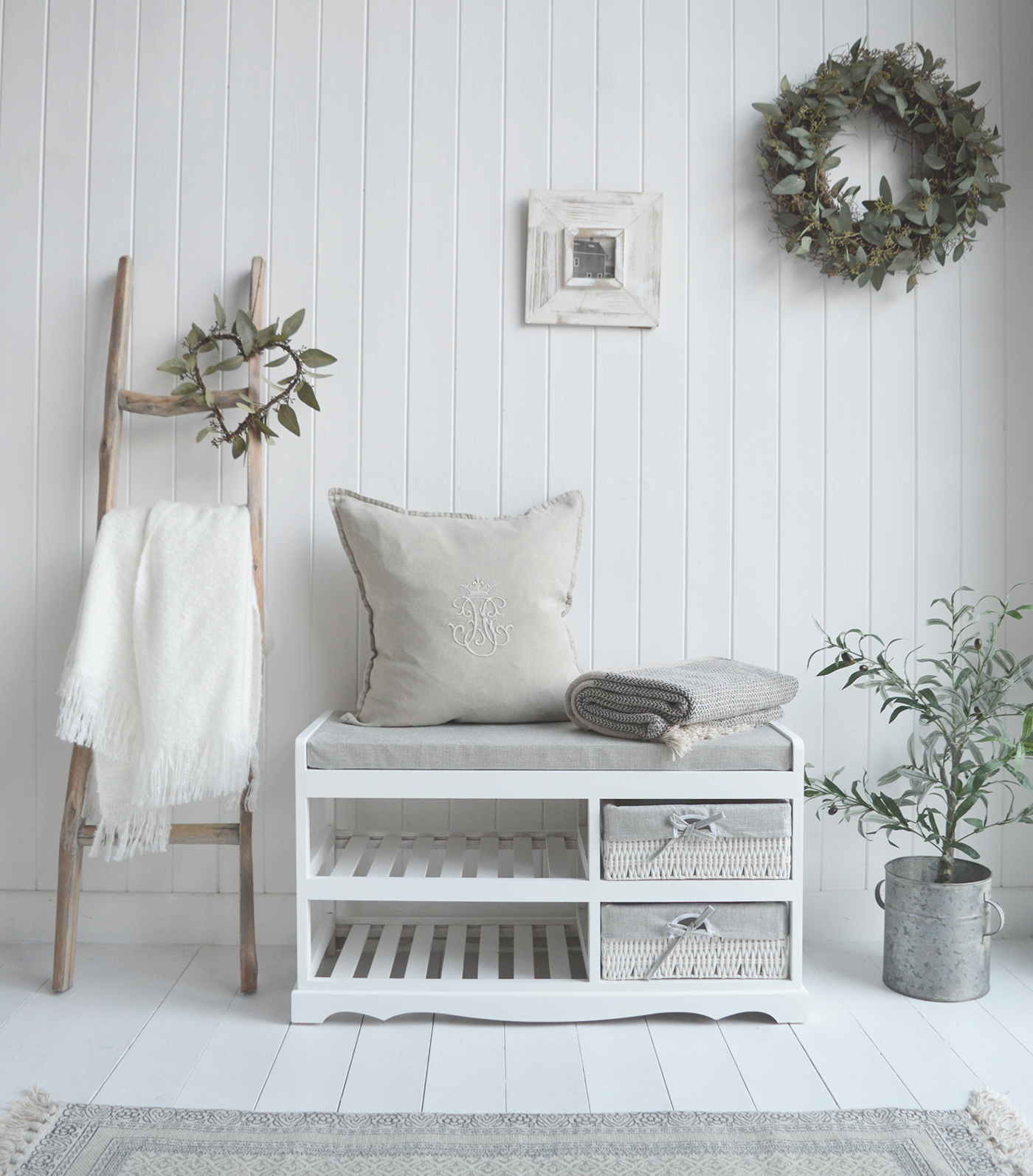 Cape Cod white shoe bench with shelves, cushion and baskets- New England Modern Farmhouse and Coastal Furniture
