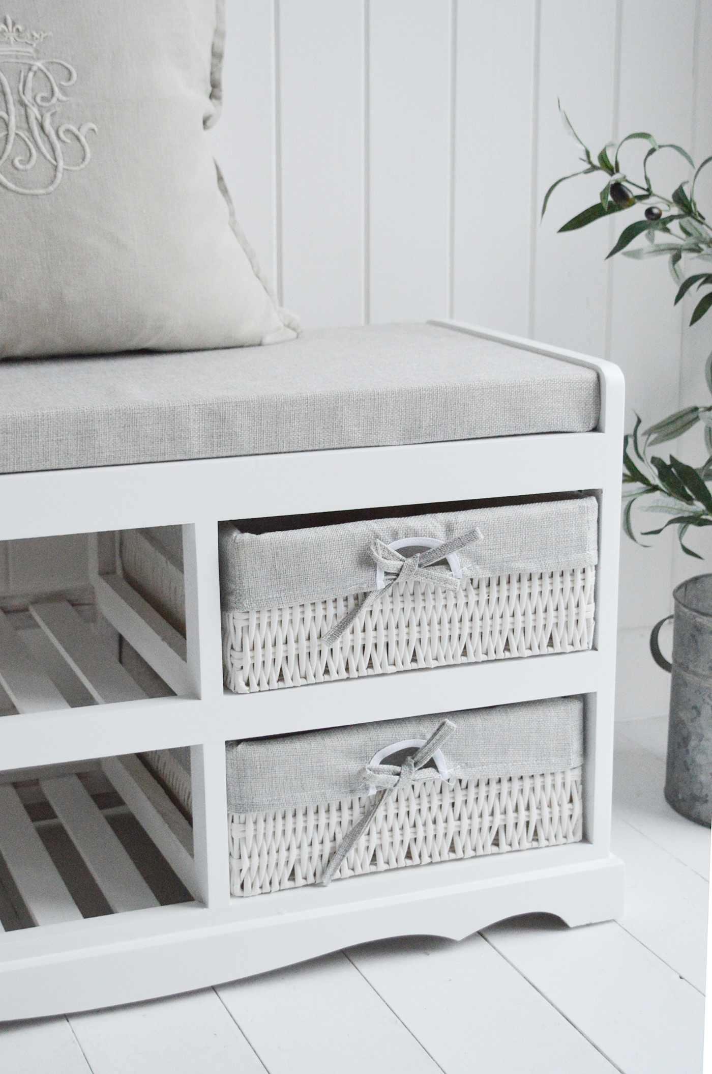 Cape Cod white shoe bench with two slatted shelves, cushion and two lined baskets- New England Modern Farmhouse and Coastal Furniture