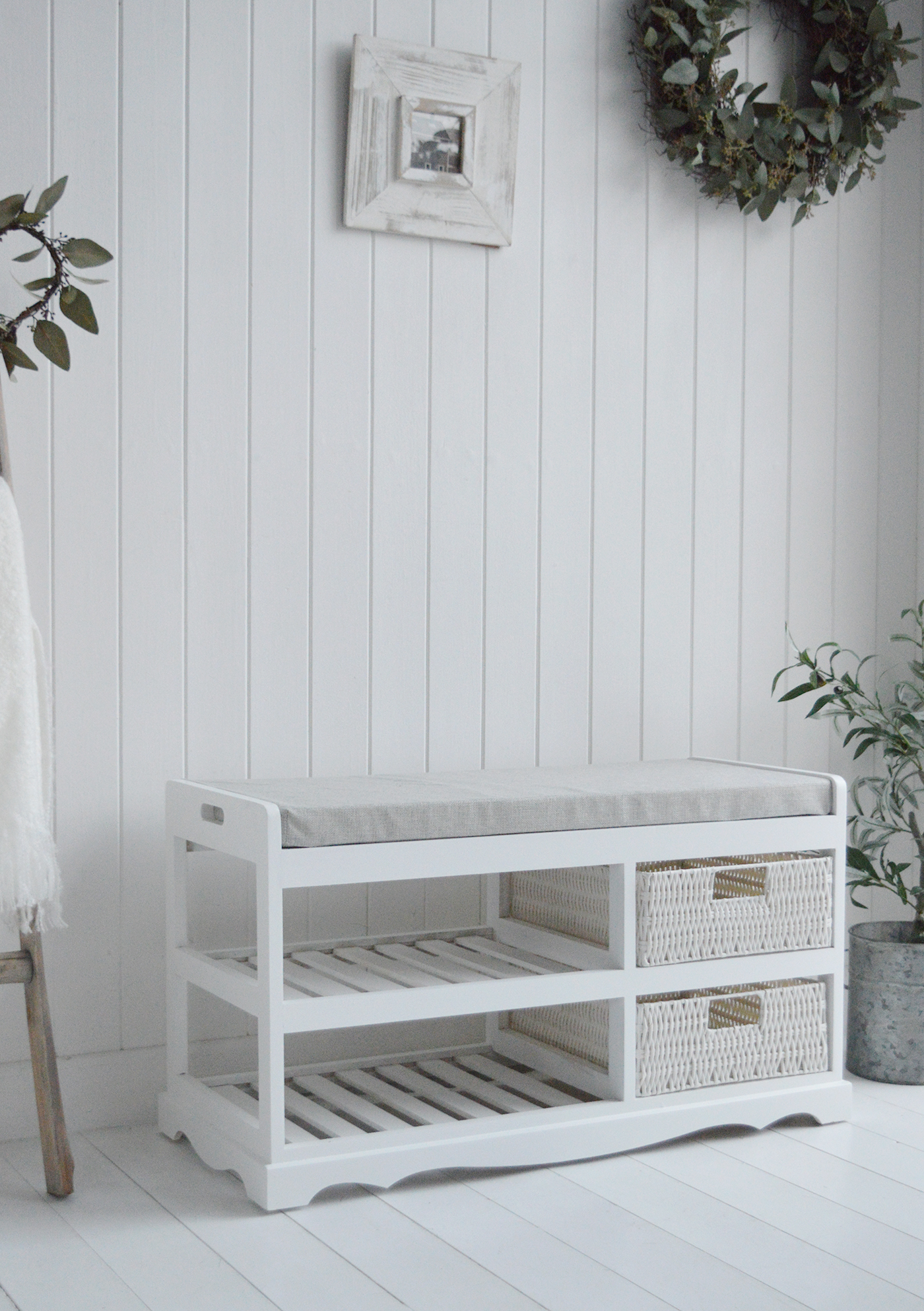 Cape Cod white shoe bench with two shelves for shoes, cushion and two baskets- New England Modern Farmhouse and Coastal Furniture