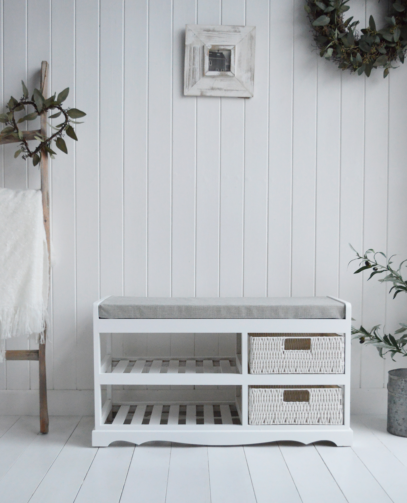 Cape Cod white shoe bench with two shelves, cushion and baskets- New England Modern Farmhouse and Coastal Furniture