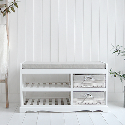 Cape Cod white shoe bench with shelves, cushion and baskets- New England Modern Farmhouse and Coastal Furniture. an ideal piece in the porch or entry way