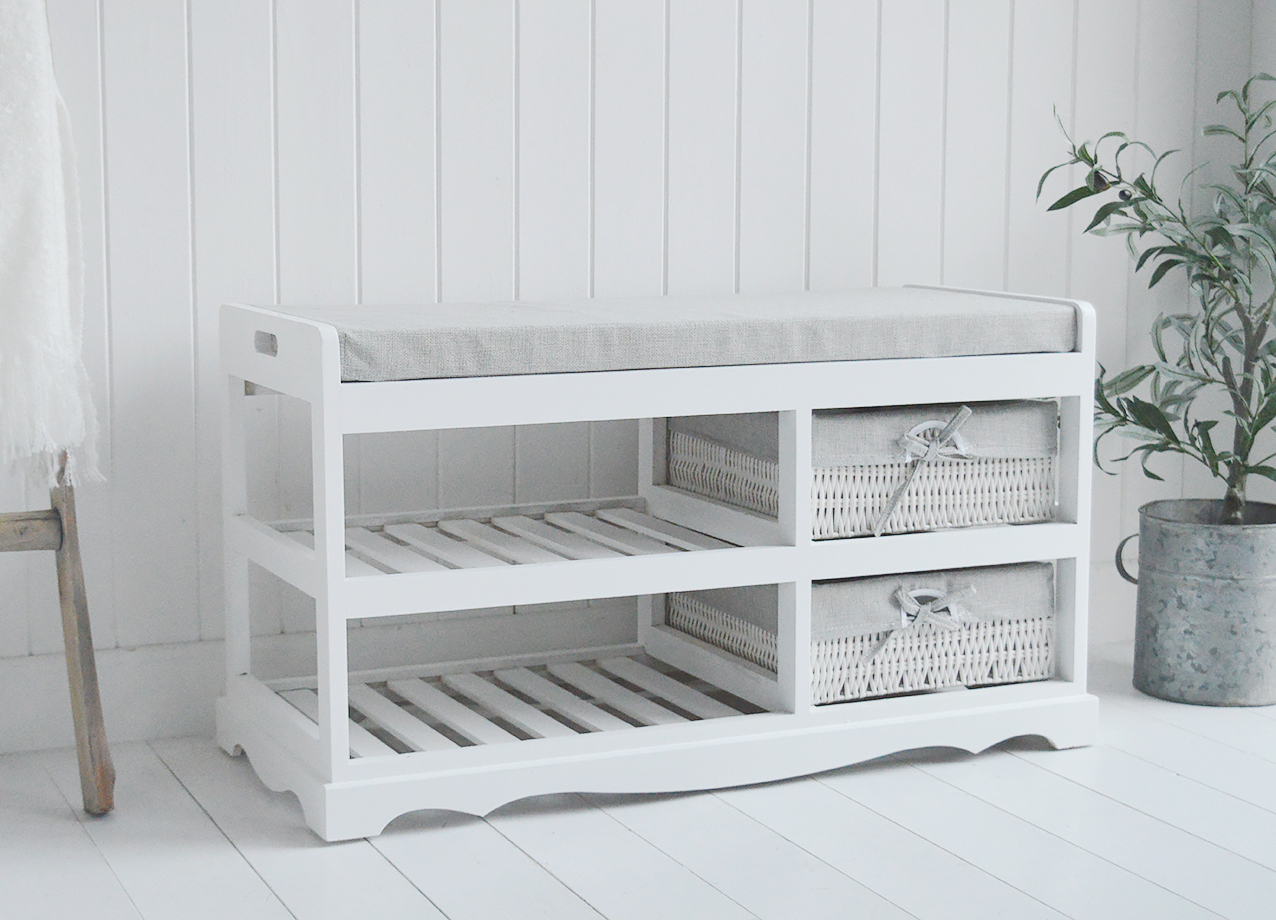Cape Cod white entry way shoe bench with two shelves, cushion and two baskets- New England Modern Farmhouse and Coastal Furniture