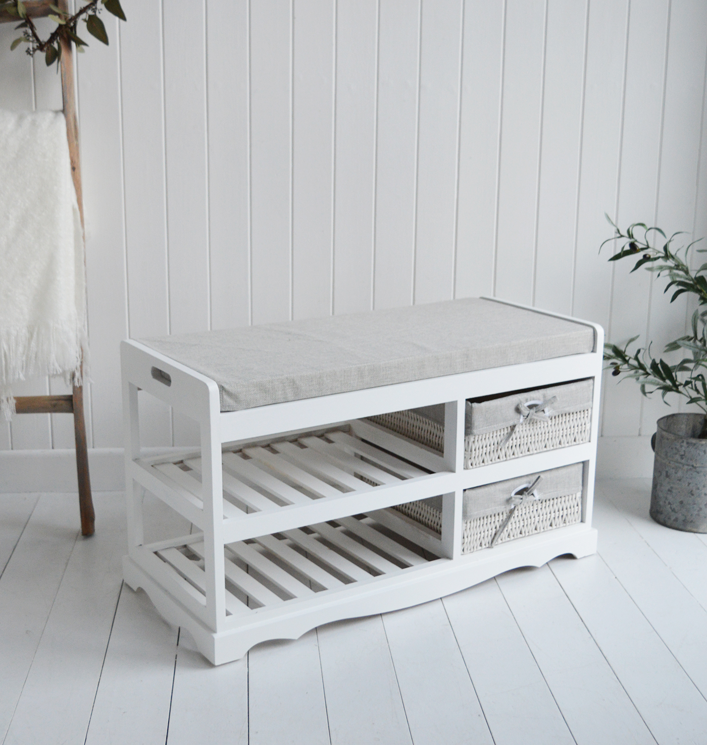 Cape Cod white bedroom bench with shelves, cushion and baskets- New England Modern Farmhouse and Coastal Furniture
