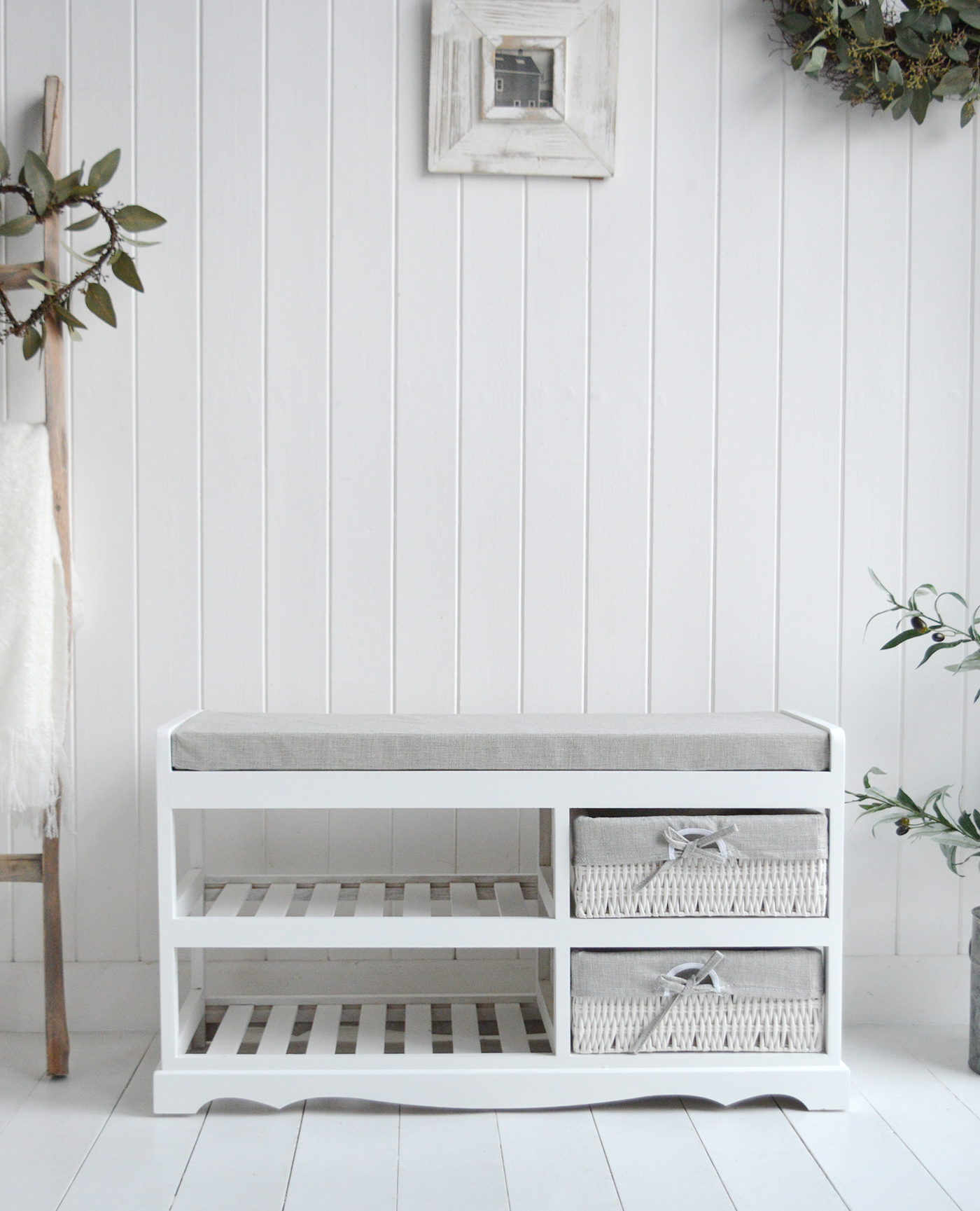Cape Cod white and grey hallway shoe bench with shelves, cushion and baskets- New England Modern Farmhouse and Coastal Furniture