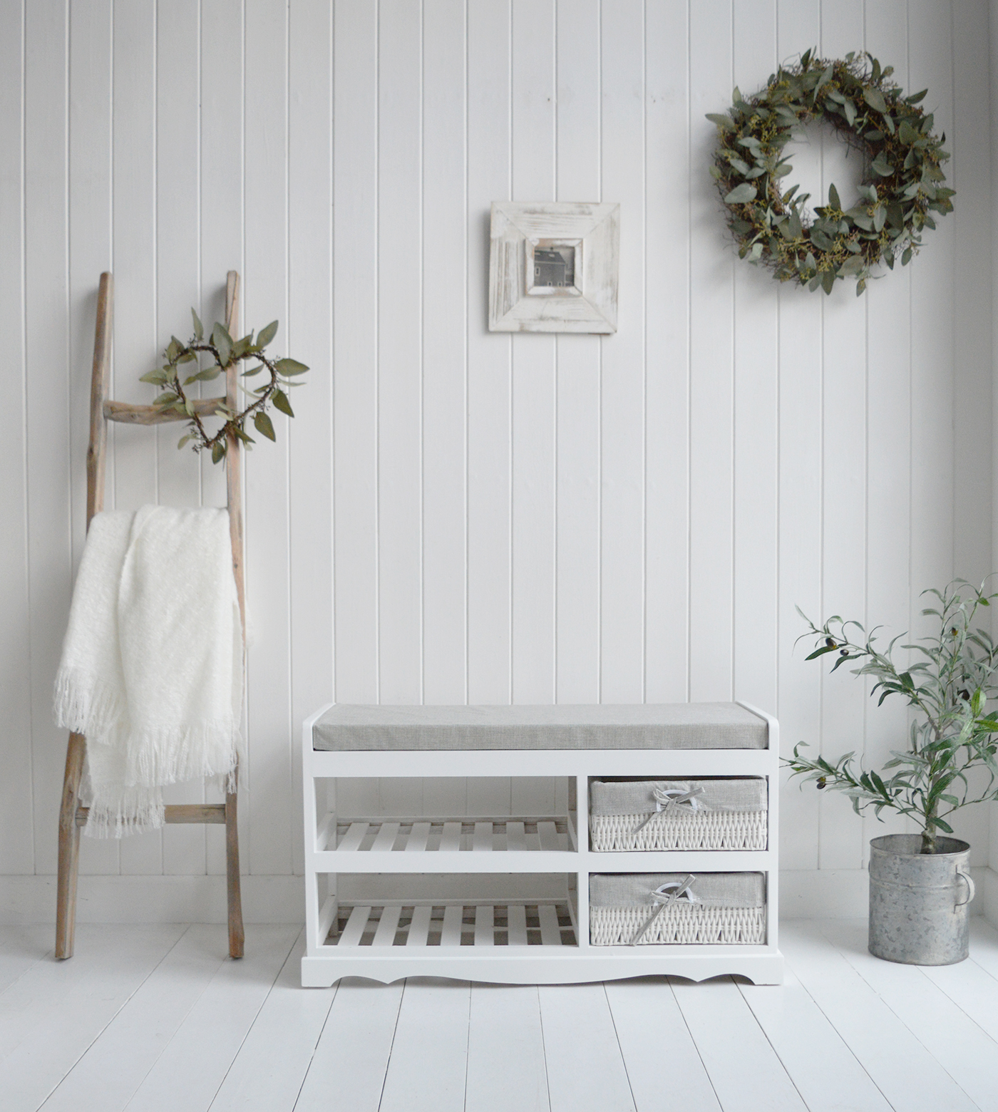 Cape Cod white and grey hall shoe bench with shelves, cushion and baskets- New England Modern Farmhouse and Coastal Furniture