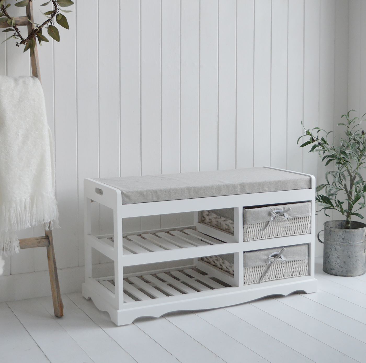 Cape Cod white hall shoe bench with shelves, cushion and baskets- New England Modern Farmhouse and Coastal Furniture