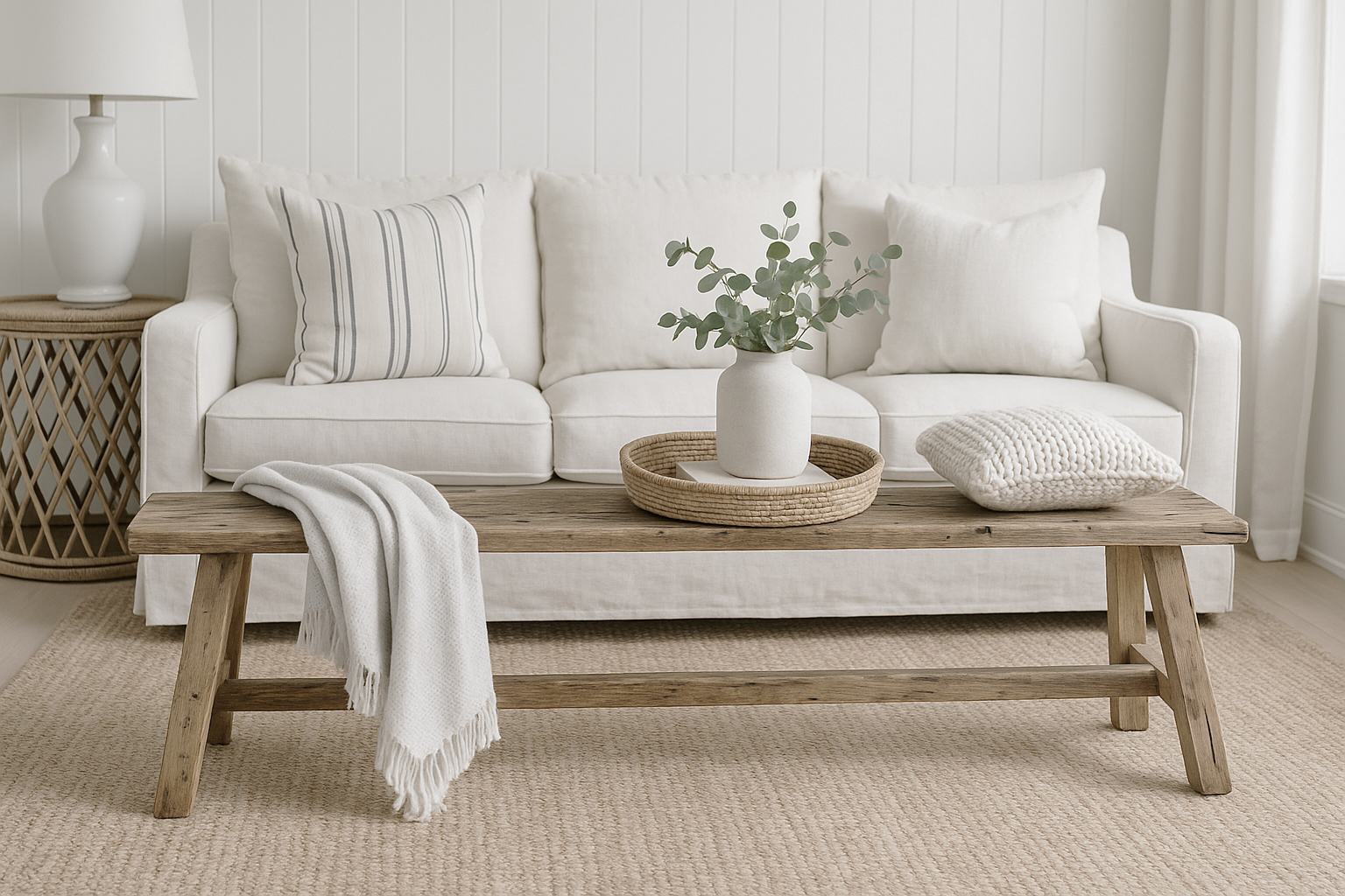 Rustic Cape Cod Bench as a narrow coffee table