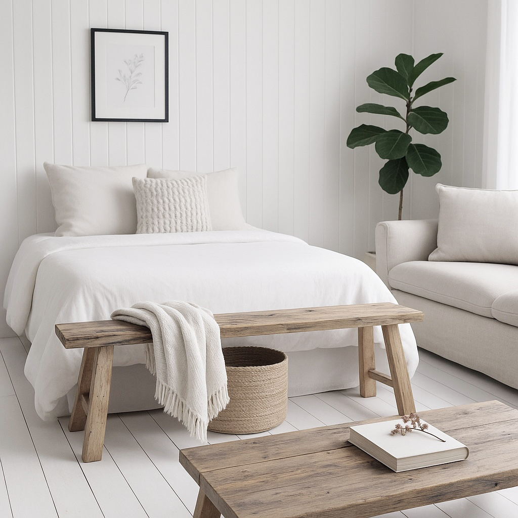 The Capr cod rustic wooden bench at the end of a bed