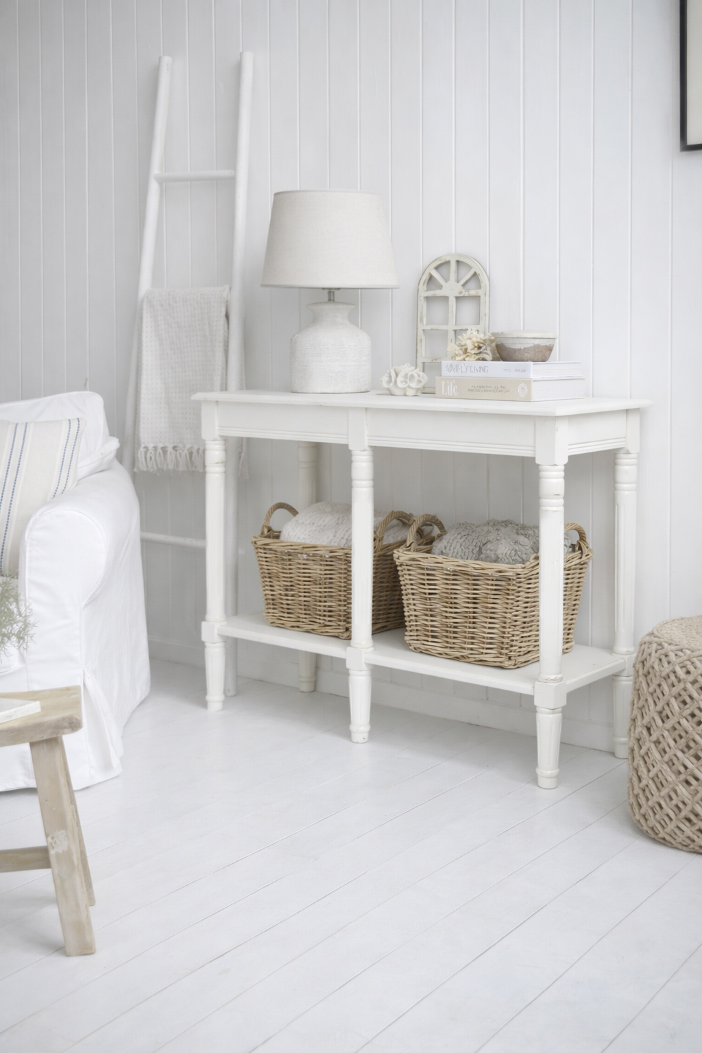 The softly distressed white finish gives this Cape Ann hallway table a relaxed, timeless character