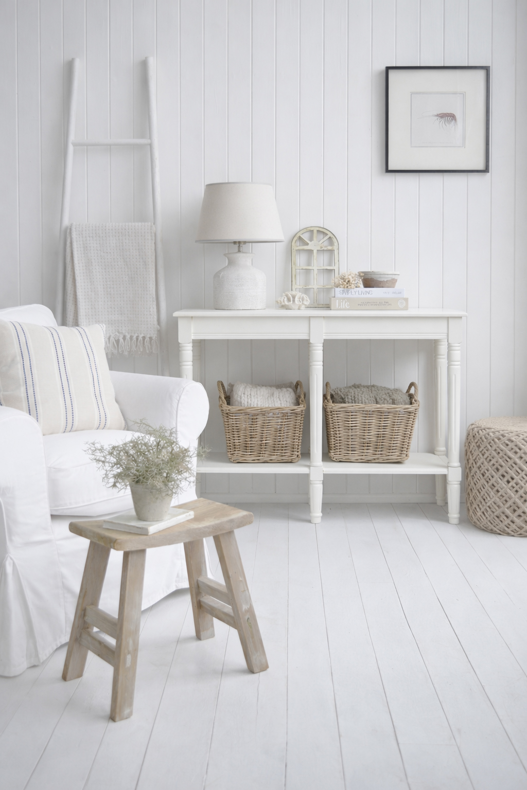 The Cape Ann slightly aged white console table perfect for New England and coastal interiors