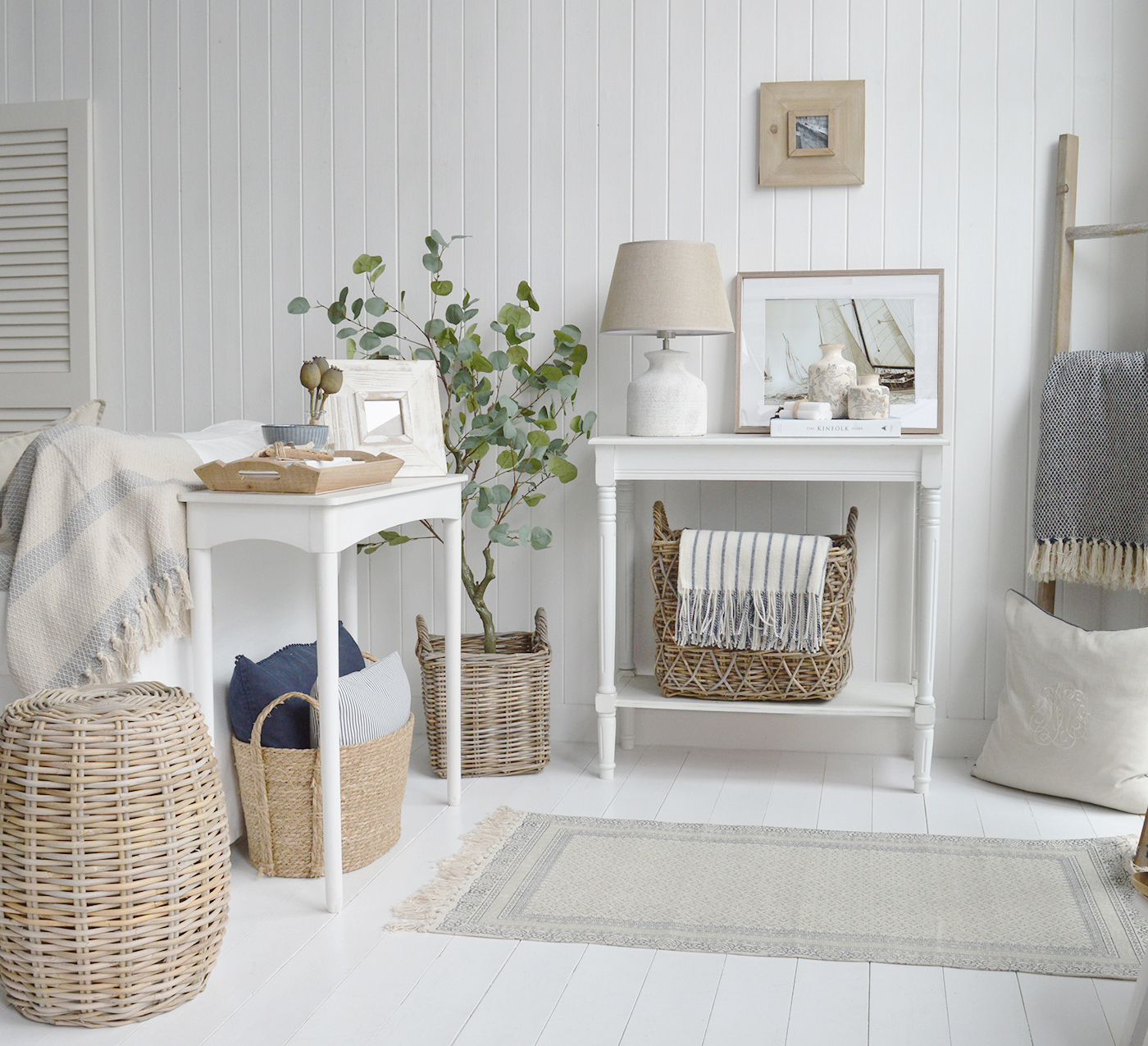 A living room showing two tables from The Cape Ann  range of white furniture, perfect to accompany the New England style of furniture for coastal, country and modern farmhouse homes, create a clean, fresh, and minimalist look in a space