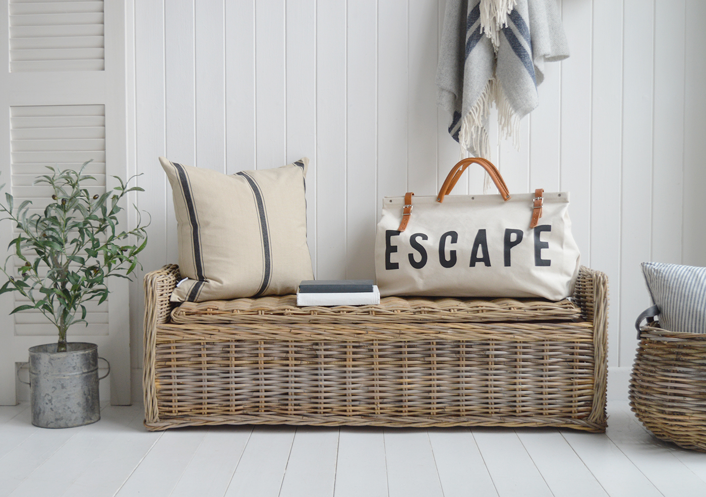 Casco Bay Grey Rattan Storage Bench Seat - New England Modern Farmhouse and Coastal Furniture