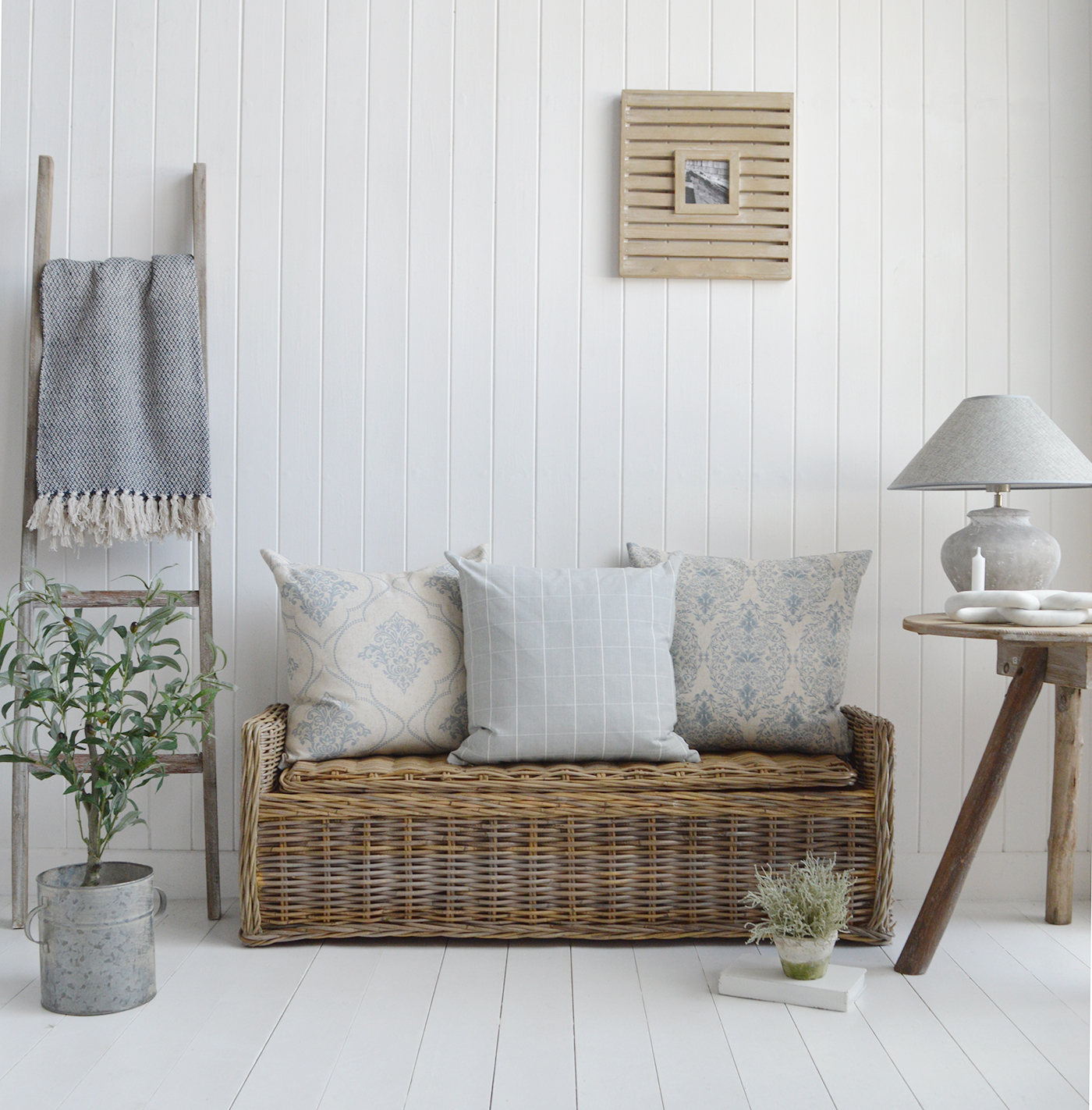 Casco Bay Grey Rattan Storage Bench Seat - New England Modern Farmhouse and Coastal Furniture