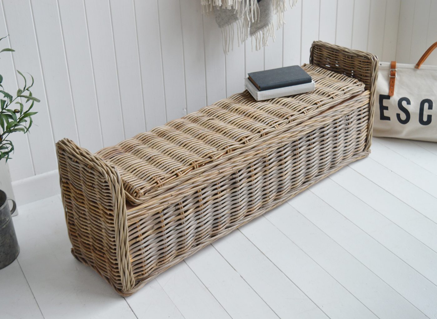 Casco Bay Grey Rattan Storage Bench Seat - New England Modern Farmhouse and Coastal Furniture