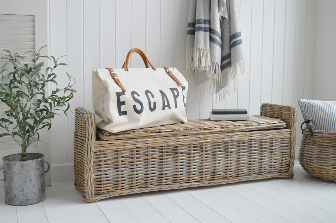 Casco Bay Grey Rattan Storage Bench Seat - New England Modern Farmhouse and Coastal Furniture