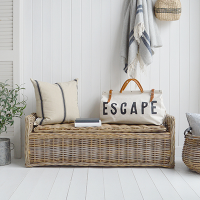 Casco Bay Grey Rattan Storage Bench Seat - New England Modern Farmhouse and Coastal Furniture