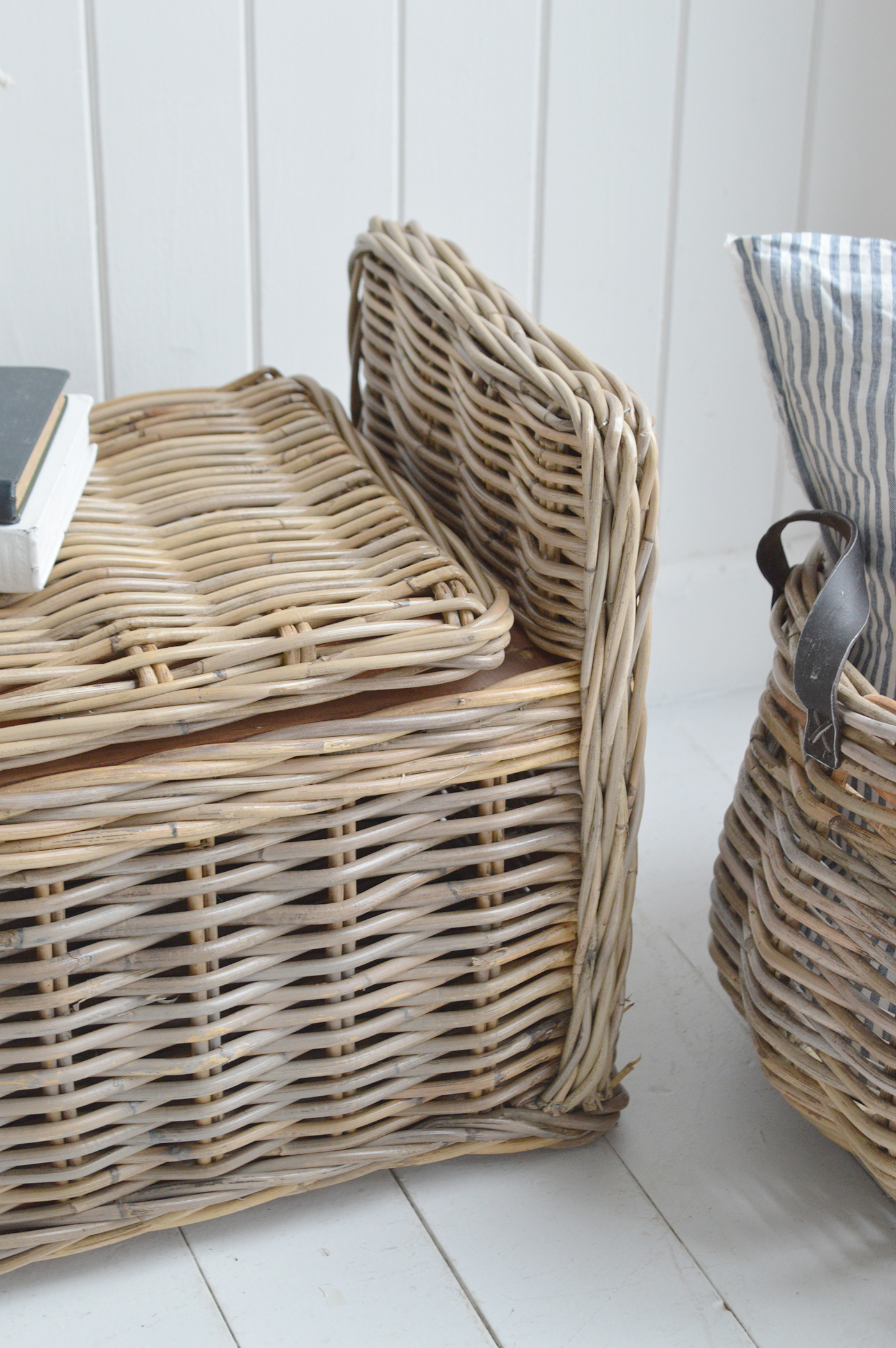 Casco Bay Grey Rattan Storage Bench Seat - New England Modern Farmhouse and Coastal Furniture