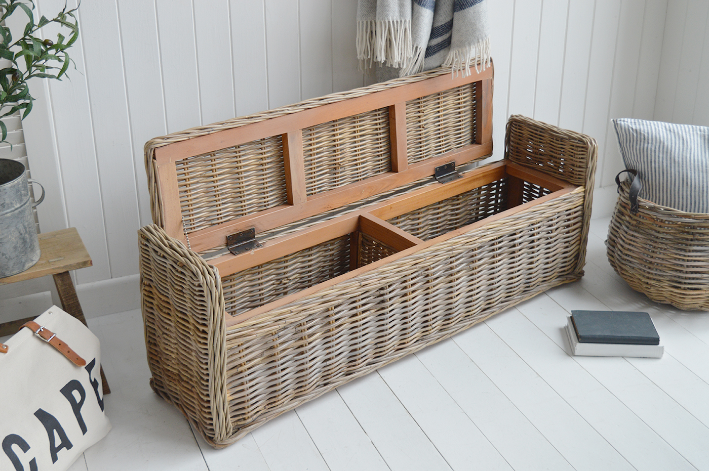 Casco Bay Grey Rattan Storage Bench Seat - New England Modern Farmhouse and Coastal Furniture