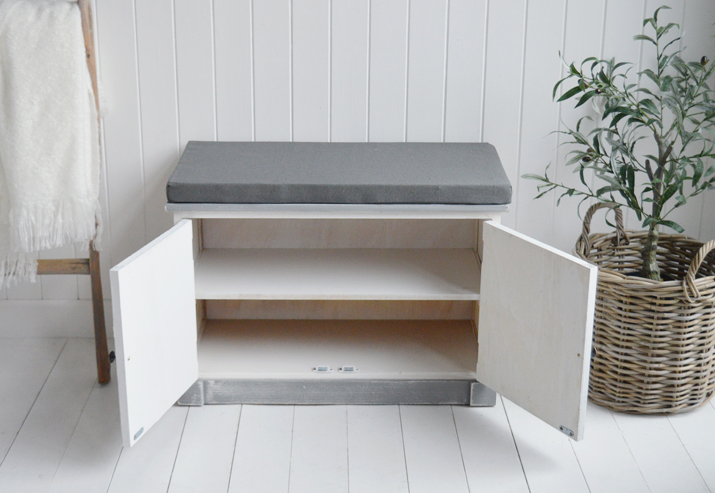 Charlotte White Wooden Storage Bench with cushion - New England Modern Farmhouse and Coastal Storage Furniture