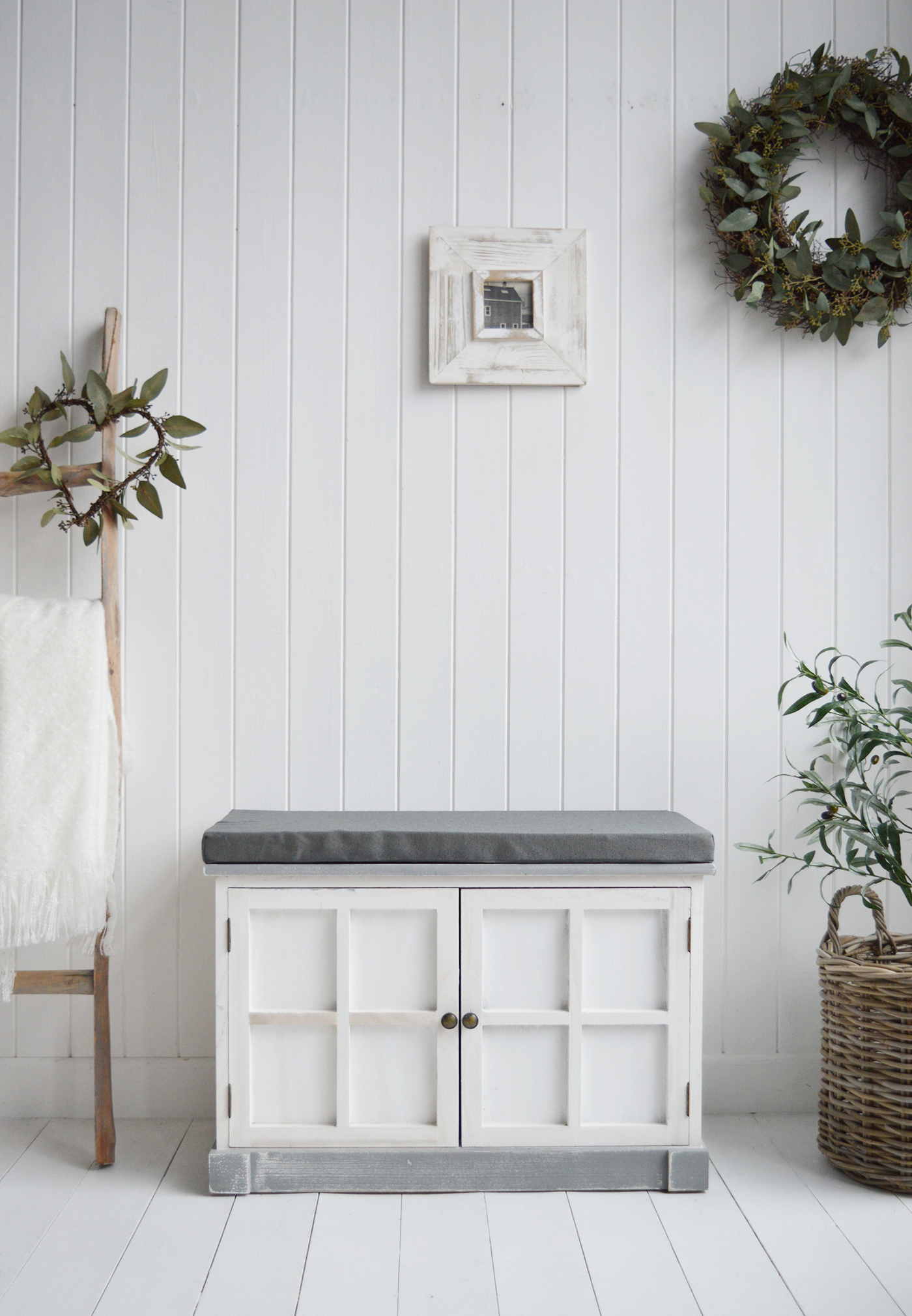 Charlotte White Wooden Storage Bench with shelves - New England Modern Farmhouse and Coastal Storage Hall Furniture