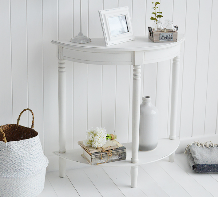 Colonial White Hall half moon console table for living room and hall furniture. Ideal for smaller hallways or entrance ways