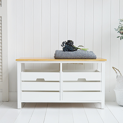 Connecticut white storage bench with deep drawers for New England white bedroom furniture