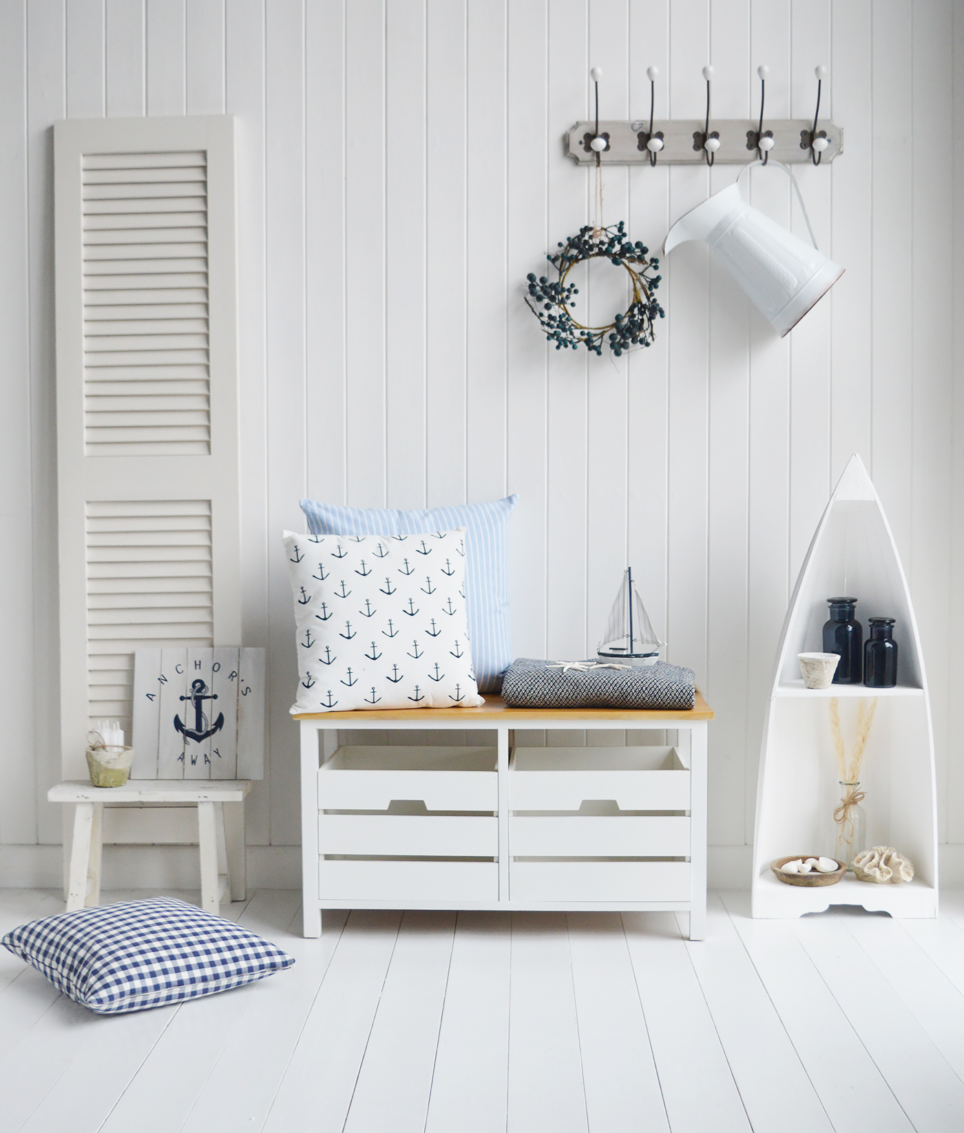 New England Coastal Furniture. The Connecticut white hallway storage bench with coastal cushions and the boat white shelf unit  