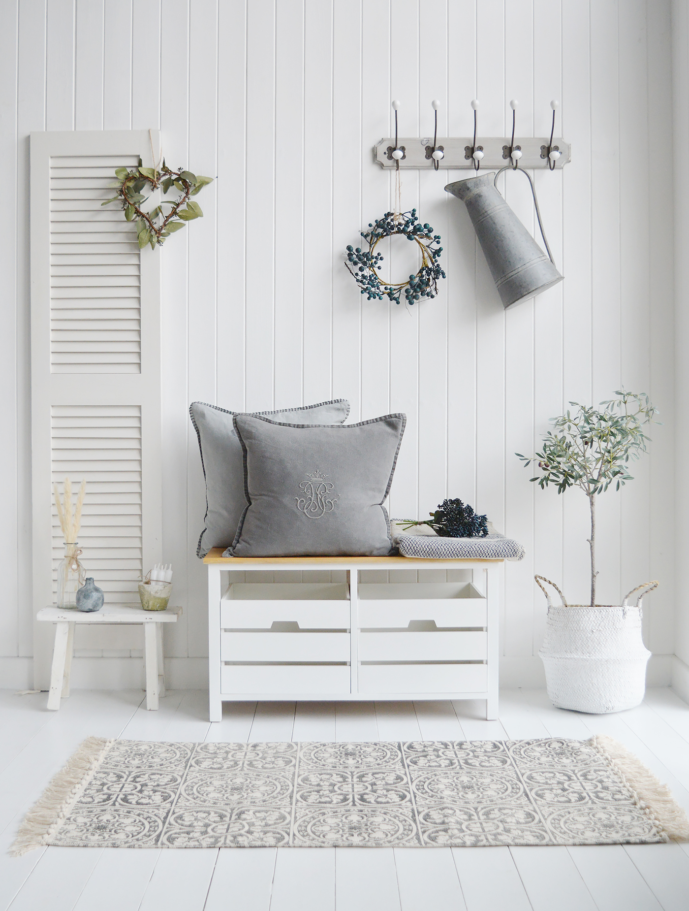 The Nantucket white storage bench with Grey Richmond cushions and Olive tree in the Kingston basket for relaxed New England Hallway furniture and decorating ideas