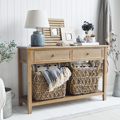 Berkshire large Natural Console Table. New England furniture and table for pure white interiors and decor for hallway furniture and living room design from The White Lighthouse Hallway