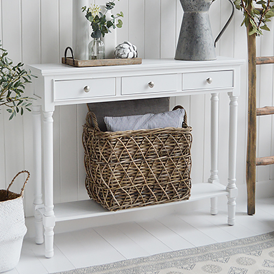 New England white furniture for country, coastal and city living room and hallway furniture for delivery in UK