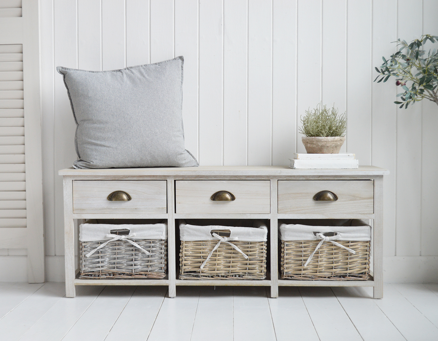 Dorset Storage Bench with drawers and 3  baskets - New England Modern Farmhouse and Coastal Furniture and interiors
