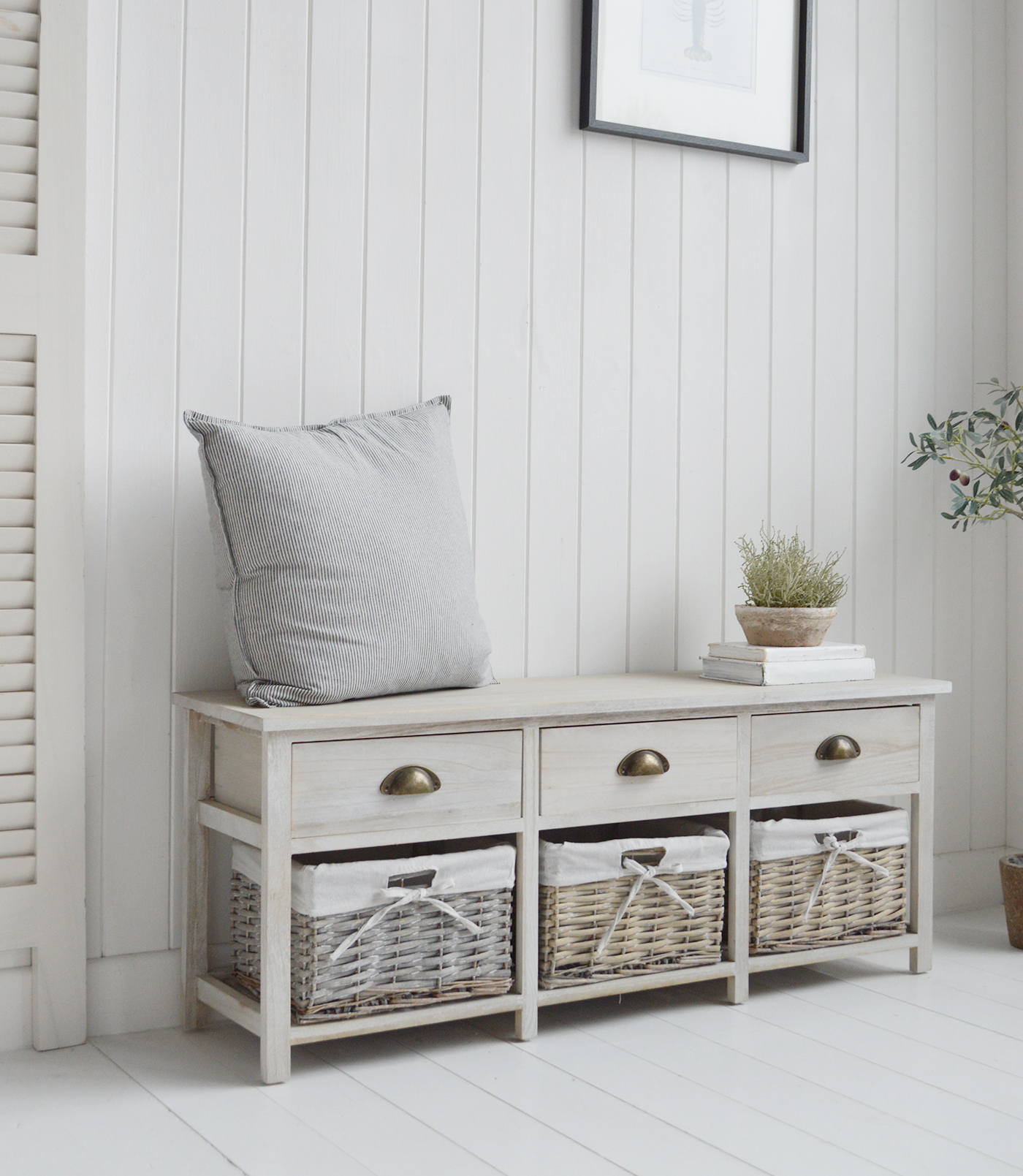 Dorset Storage Bench with 3 drawers and  baskets - New England Modern Farmhouse and Coastal Furniture and interiors