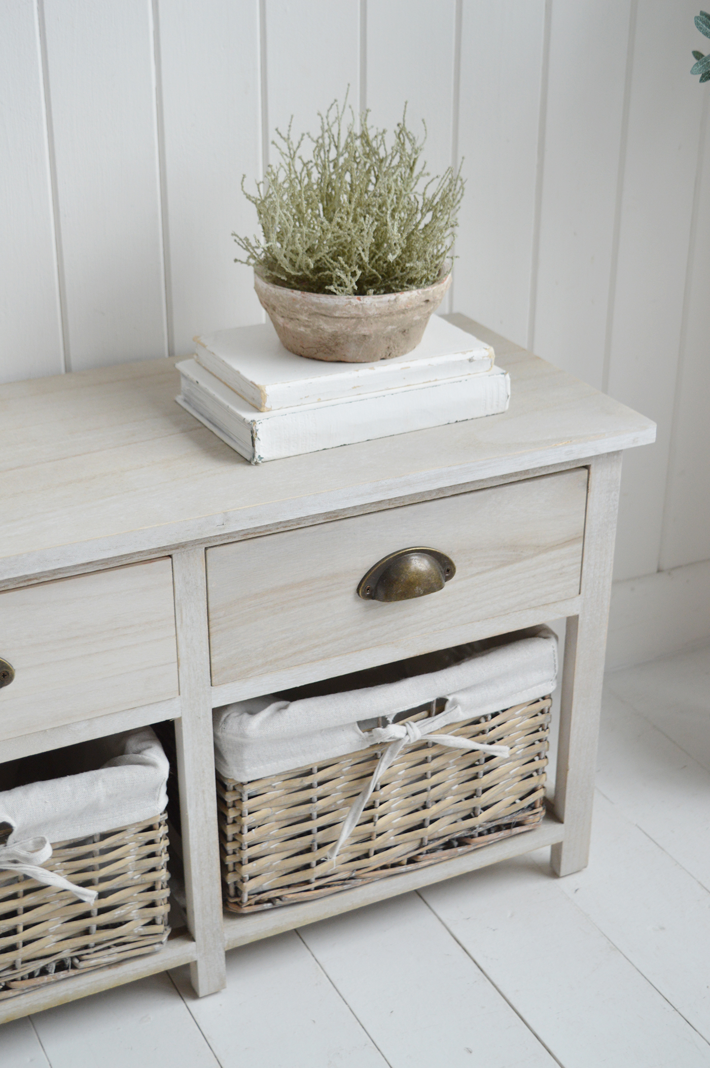 Dorset Storage Bench with drawers and  baskets - New England Modern Farmhouse and Coastal Furniture and interiors