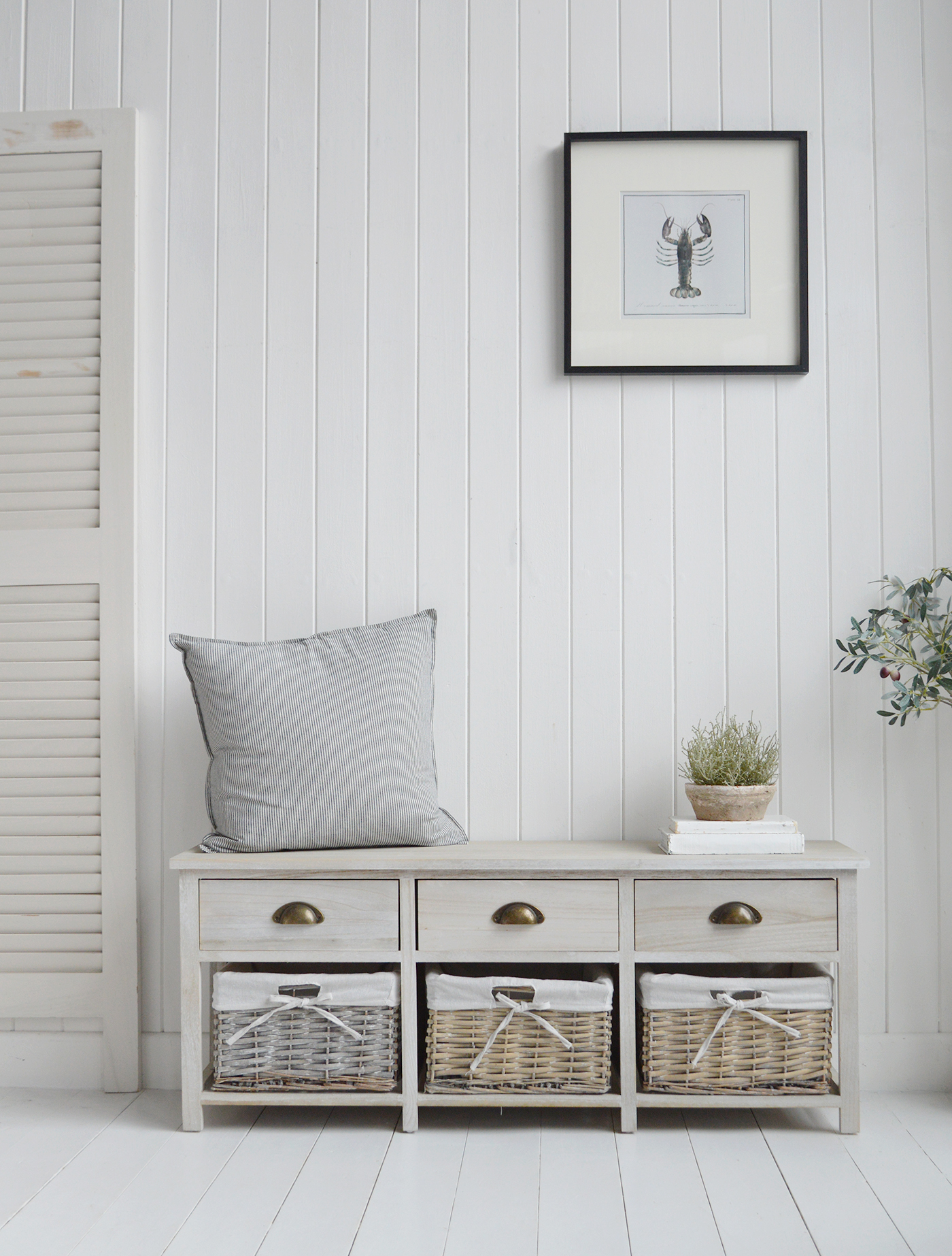 Dorset Storage Bench with drawers and  baskets - New England Modern Farmhouse and Coastal Furniture and interiors