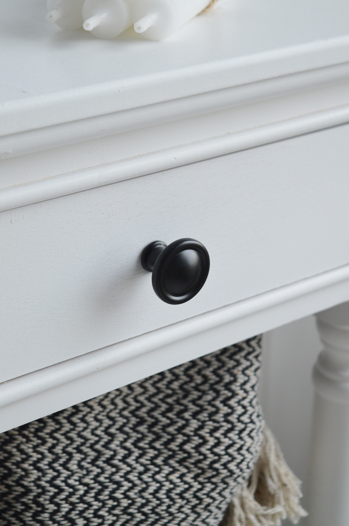 A close up photo of the black handle on each of the three drawers