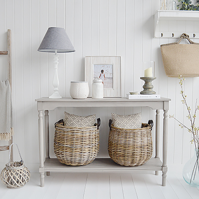 The White Lighthouse Sudbury Vintage Grey Console Table. Console tables with shelf. Hallway furniture and hall table. Ideal for hall or living room in New England style homes for country, coastal, farmhouse and city homes