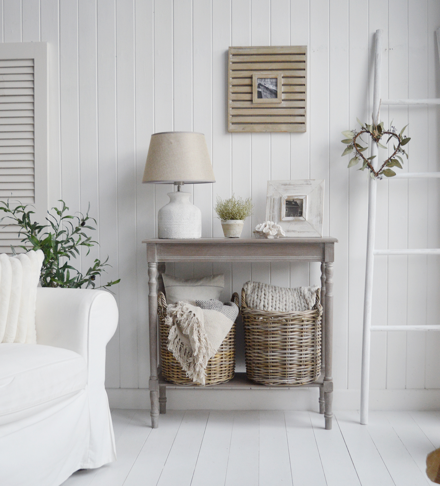 A closer view of the Montauk coastal furniture range - the console table with a shelf, ideal to style behind a sofa