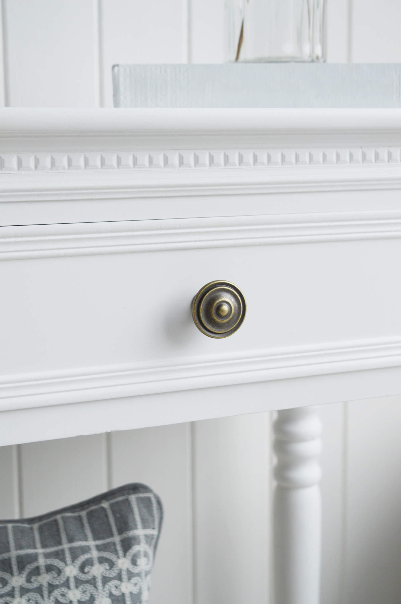 The New England white dressing table with 2 drawers and antique brass handles from The White Lighthouse range of bedroom dressers and furniture. Coastal, country, cottage and city bedroom interiors and decor