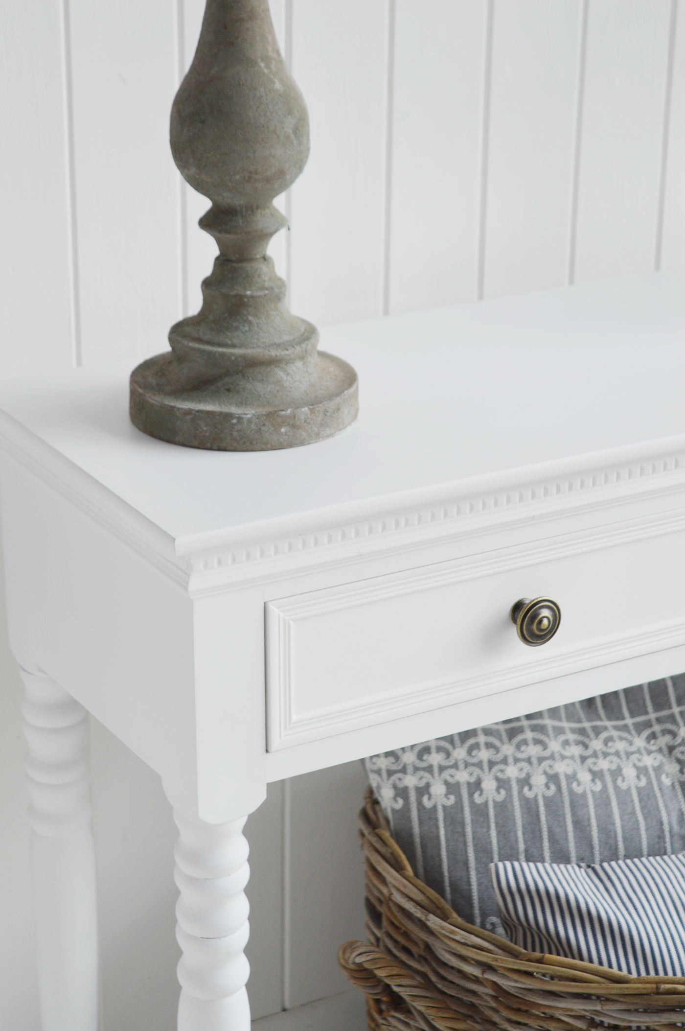 White Console Table with antique brass pull handles for New England Hallway Furniture in white, coastal, cottage, country or city home interiors from The White Lighthouse