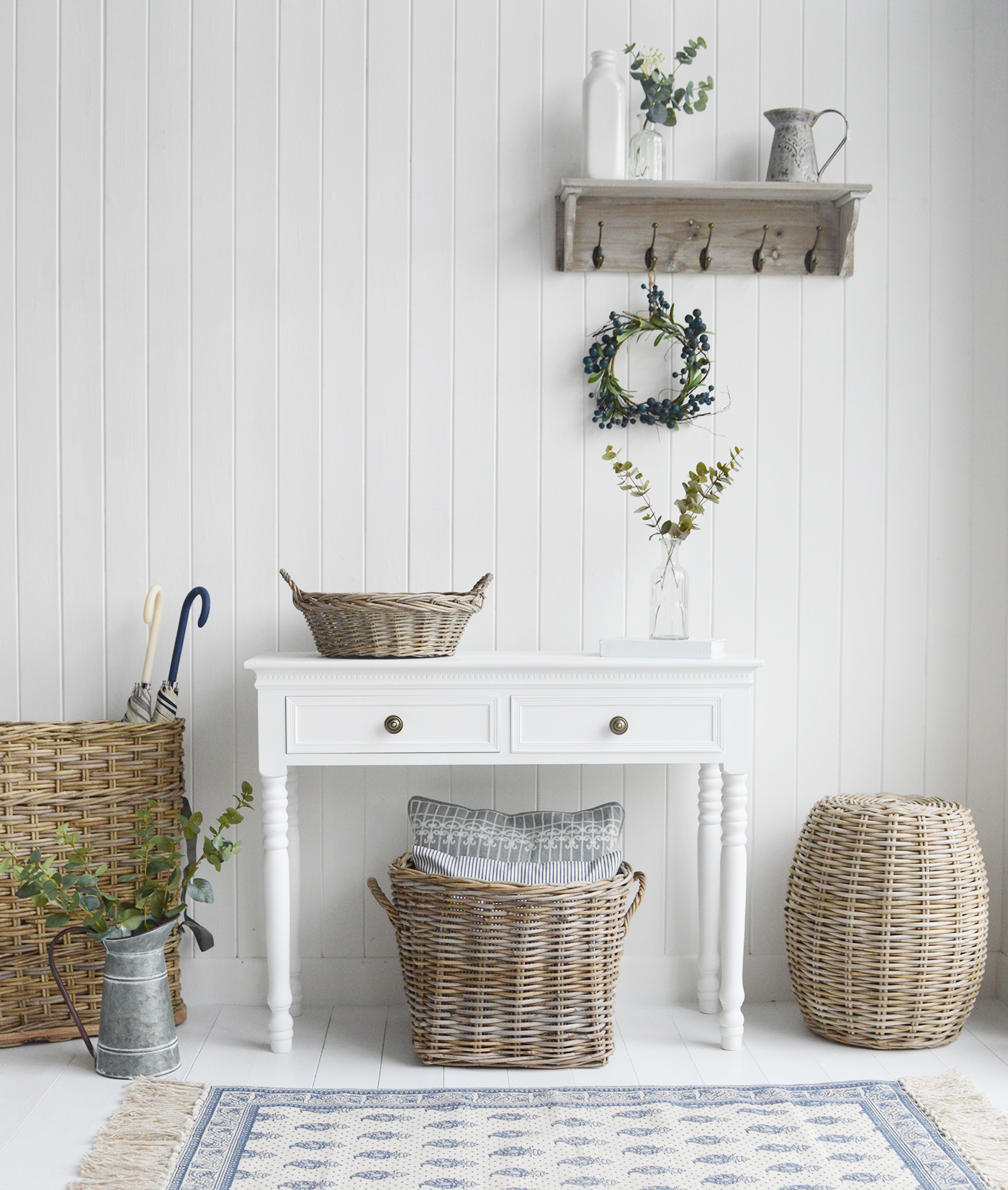 White Console Table with antique brass pull handles for New England Hallway Furniture in white, coastal, cottage, country or city home interiors from The White Lighthouse