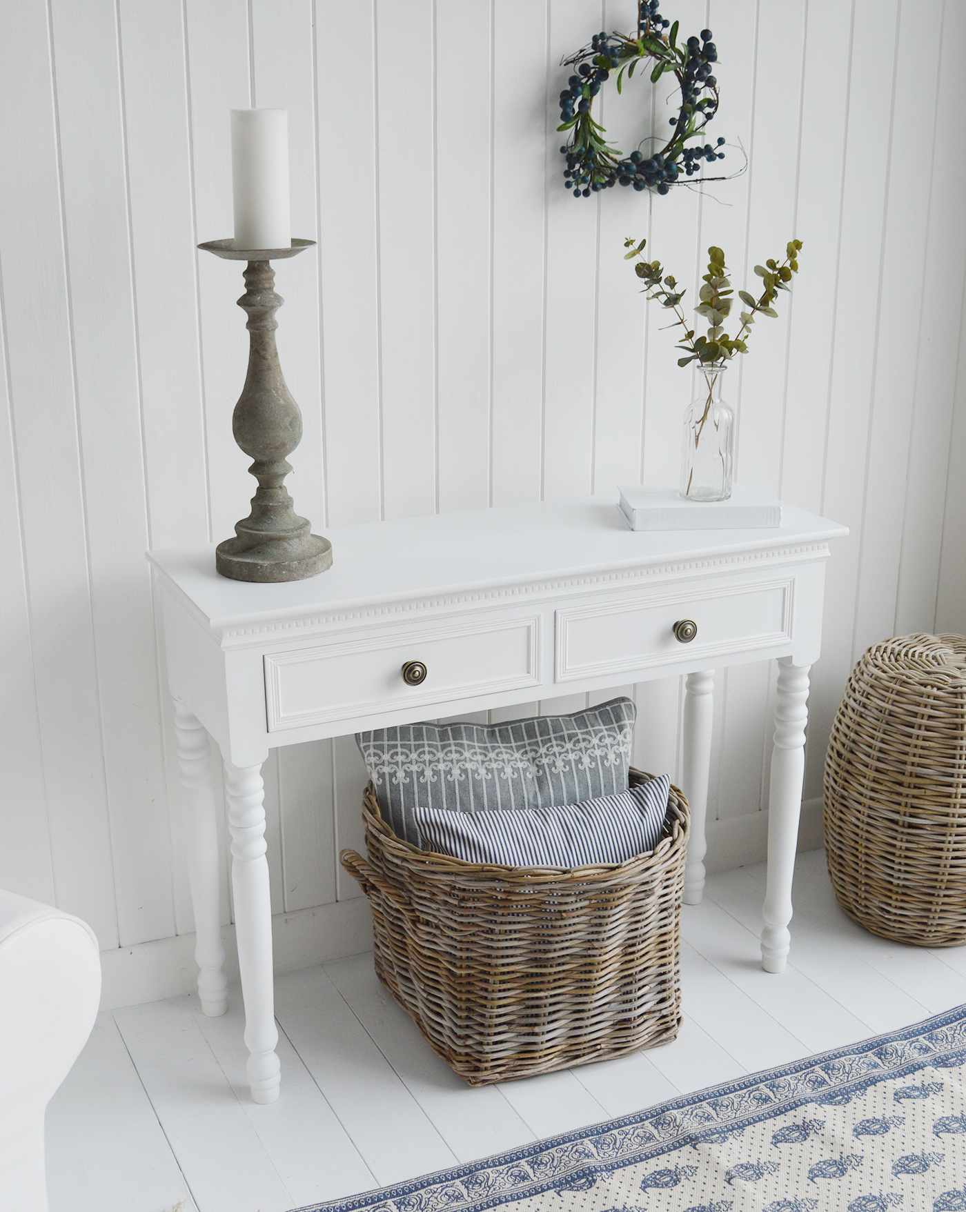 White Console Table with antique brass pull handles for New England Hallway Furniture in white, coastal, cottage, country or city home interiors from The White Lighthouse